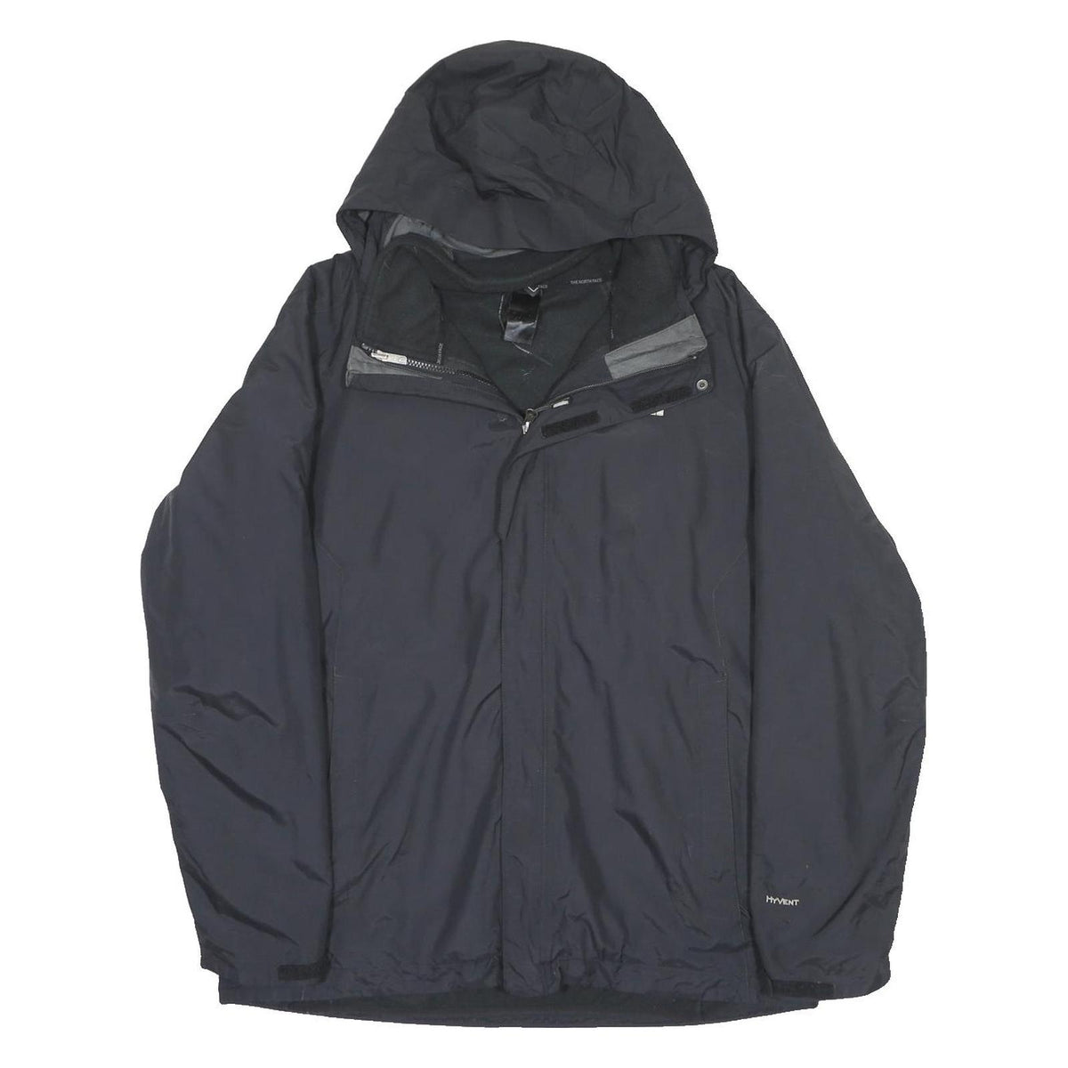 THE NORTH FACE Mens Black Outdoor Jacket L Polyester Plain Zip Hooded Hyvent