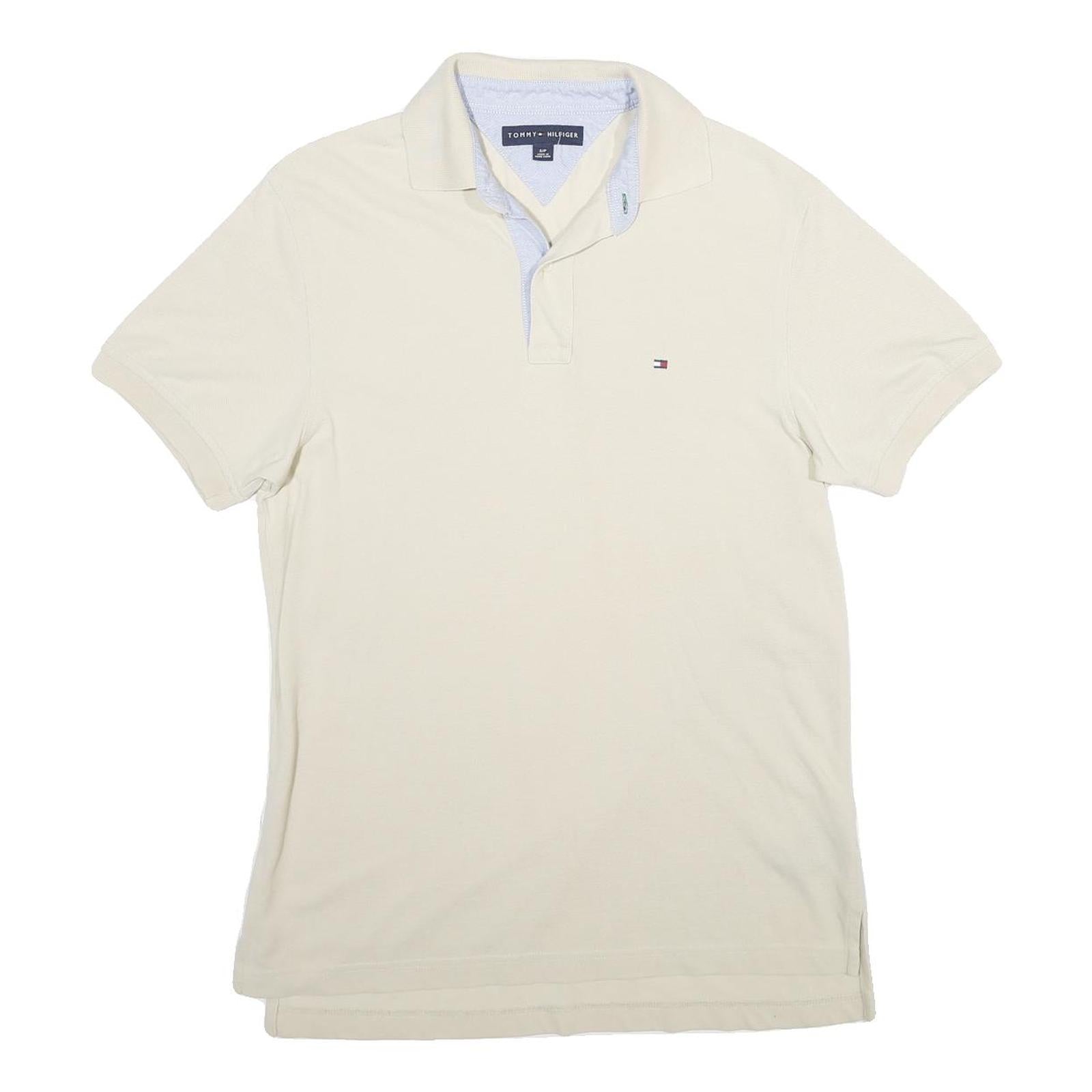 TOMMY HILFIGER Mens Cream Short Sleeve Plain Polo Shirt S Classic Collar