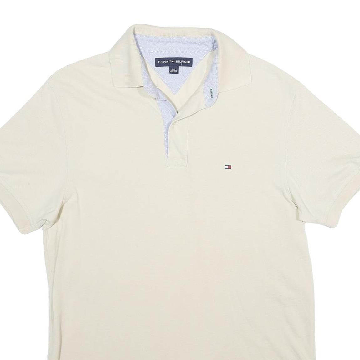 TOMMY HILFIGER Mens Cream Short Sleeve Plain Polo Shirt S Classic Collar