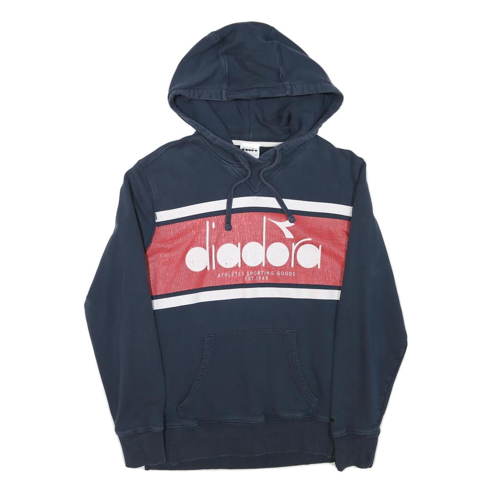 DIADORA Mens Navy Blue & Red Cotton Blend Pullover Hoodie M Logo Front