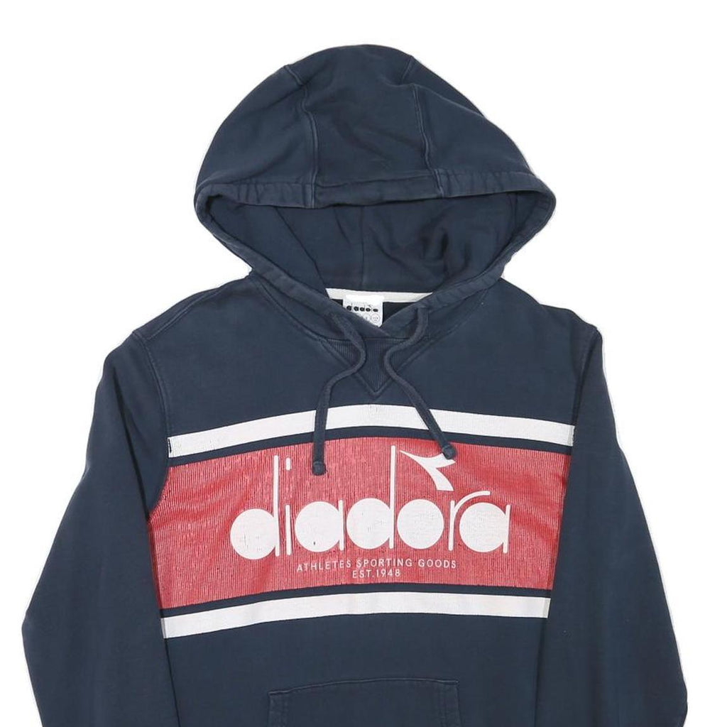 DIADORA Mens Navy Blue & Red Cotton Blend Pullover Hoodie M Logo Front