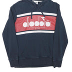 DIADORA Mens Navy Blue & Red Cotton Blend Pullover Hoodie M Logo Front