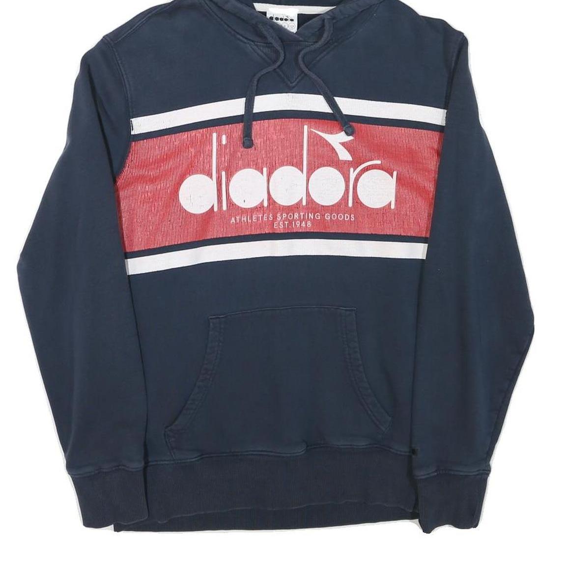 DIADORA Mens Navy Blue & Red Cotton Blend Pullover Hoodie M Logo Front