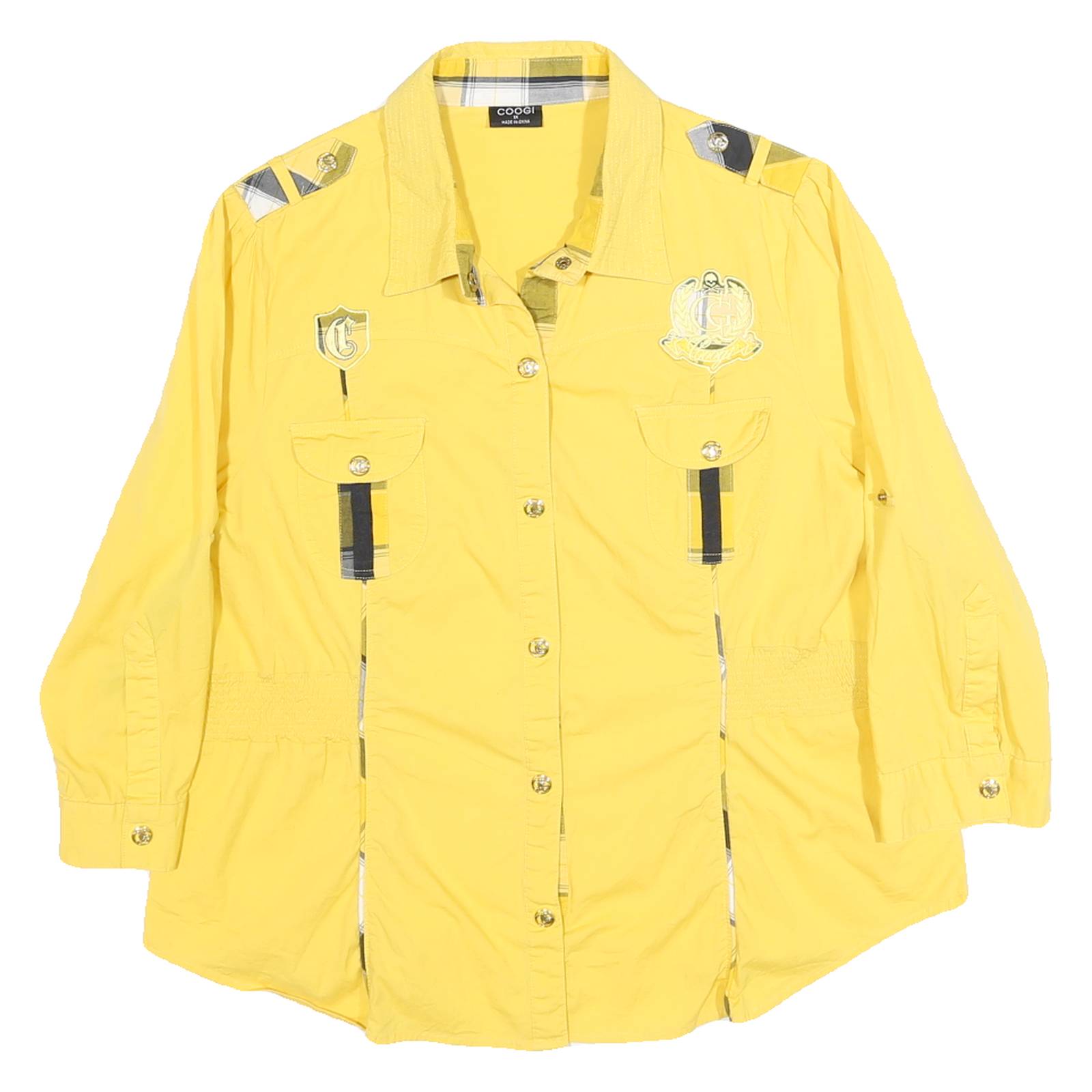 COOGI Womens Yellow Plaid Detail Cotton Blend Shirt XL Casual Button-Up Long