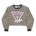GUESS Womens Beige & Black Leopard Print Logo Crew Neck S Cropped Sweatshirt