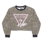 GUESS Womens Beige & Black Leopard Print Logo Crew Neck S Cropped Sweatshirt