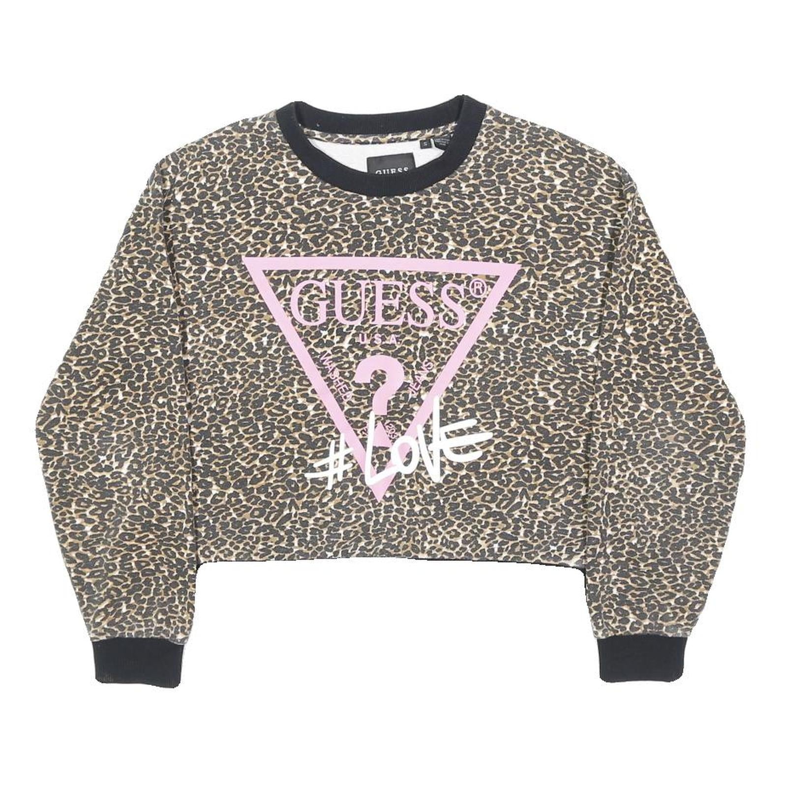 GUESS Womens Beige & Black Leopard Print Logo Crew Neck S Cropped Sweatshirt