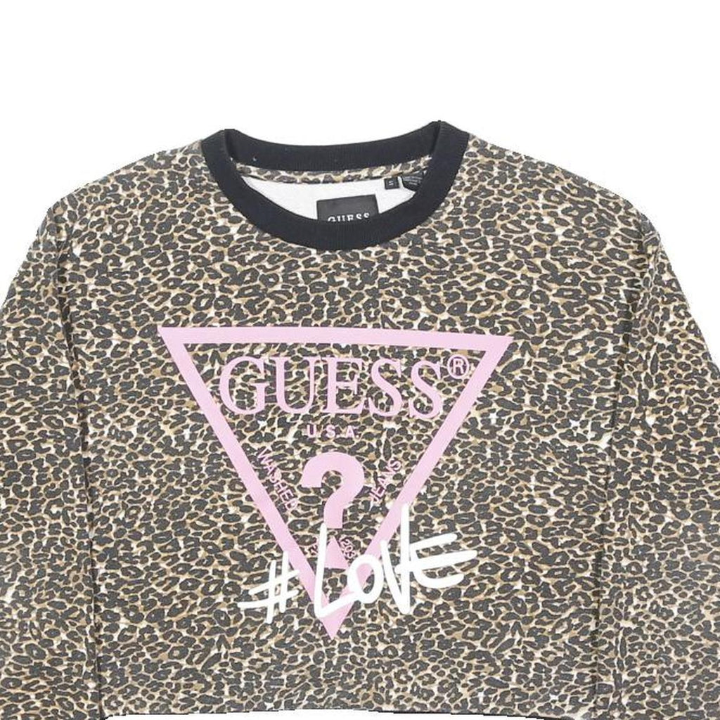 GUESS Womens Beige & Black Leopard Print Logo Crew Neck S Cropped Sweatshirt