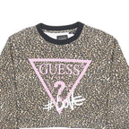 GUESS Womens Beige & Black Leopard Print Logo Crew Neck S Cropped Sweatshirt