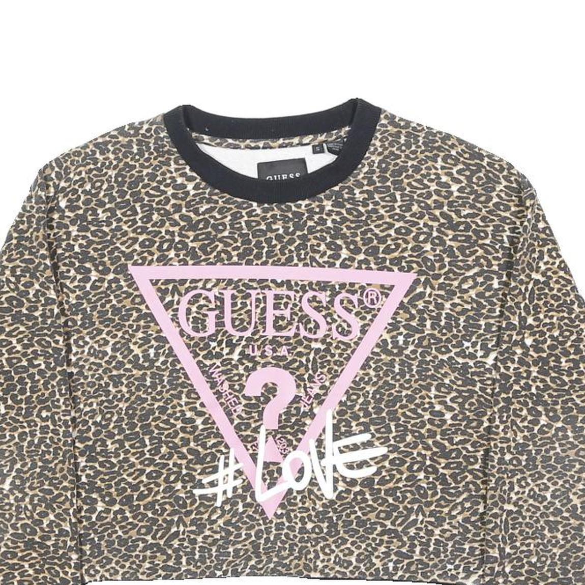 GUESS Womens Beige & Black Leopard Print Logo Crew Neck S Cropped Sweatshirt