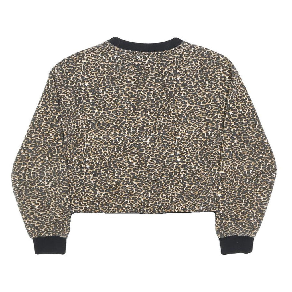GUESS Womens Beige & Black Leopard Print Logo Crew Neck S Cropped Sweatshirt