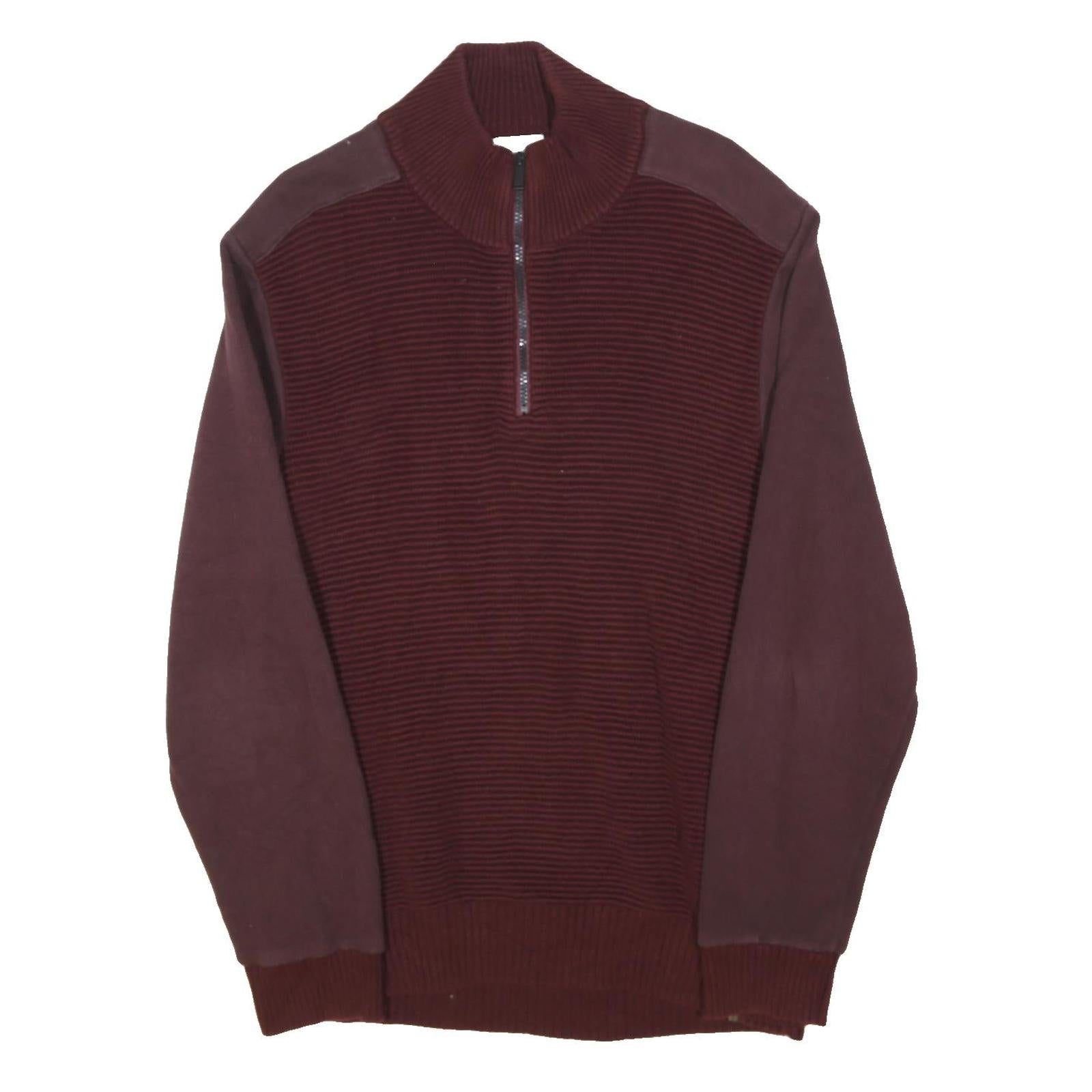 CALVIN KLEIN JEANS Mens Maroon Red Plain Jumper 1/4 Zip Cotton Blend XL Casual