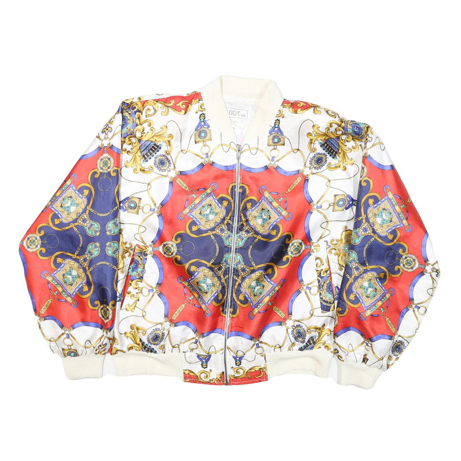 GDT Womens White & Red Bomber Jacket XL Polyester Blend Printed Zip Closure