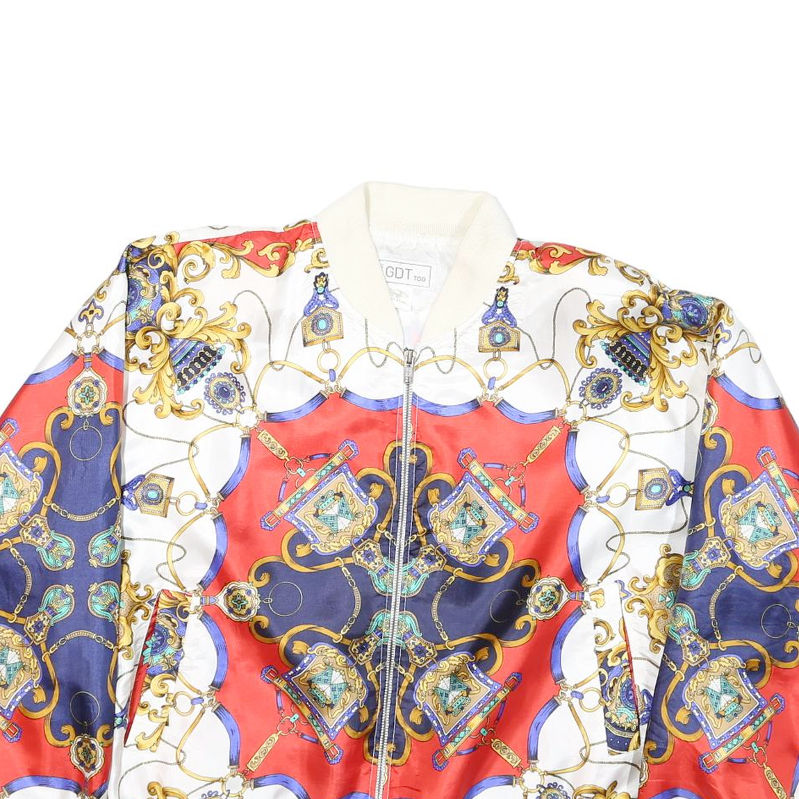 GDT Womens White & Red Bomber Jacket XL Polyester Blend Printed Zip Closure