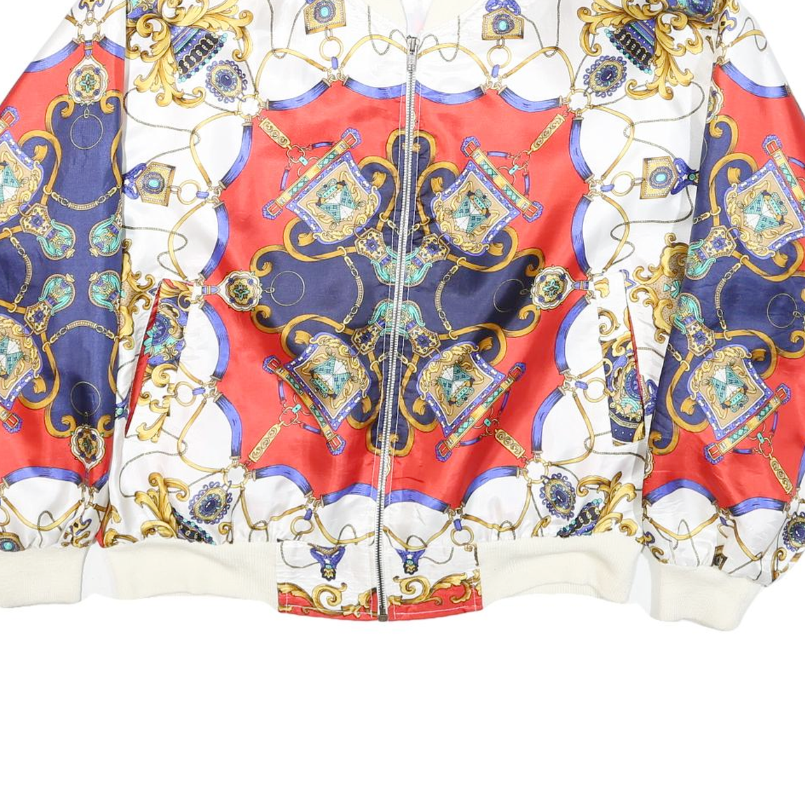 GDT Womens White & Red Bomber Jacket XL Polyester Blend Printed Zip Closure