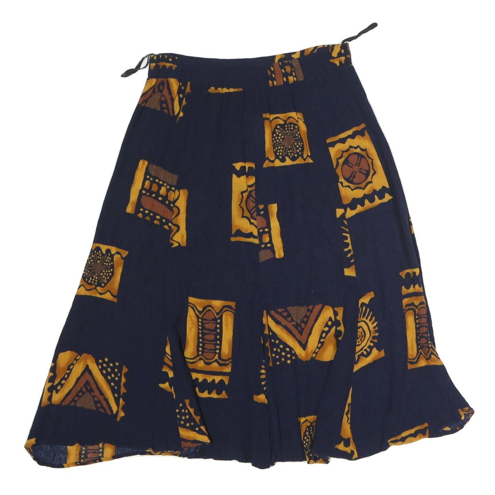Womens Blue & Brown Block Pattern Swing Midi Polyester Skirt M Casual