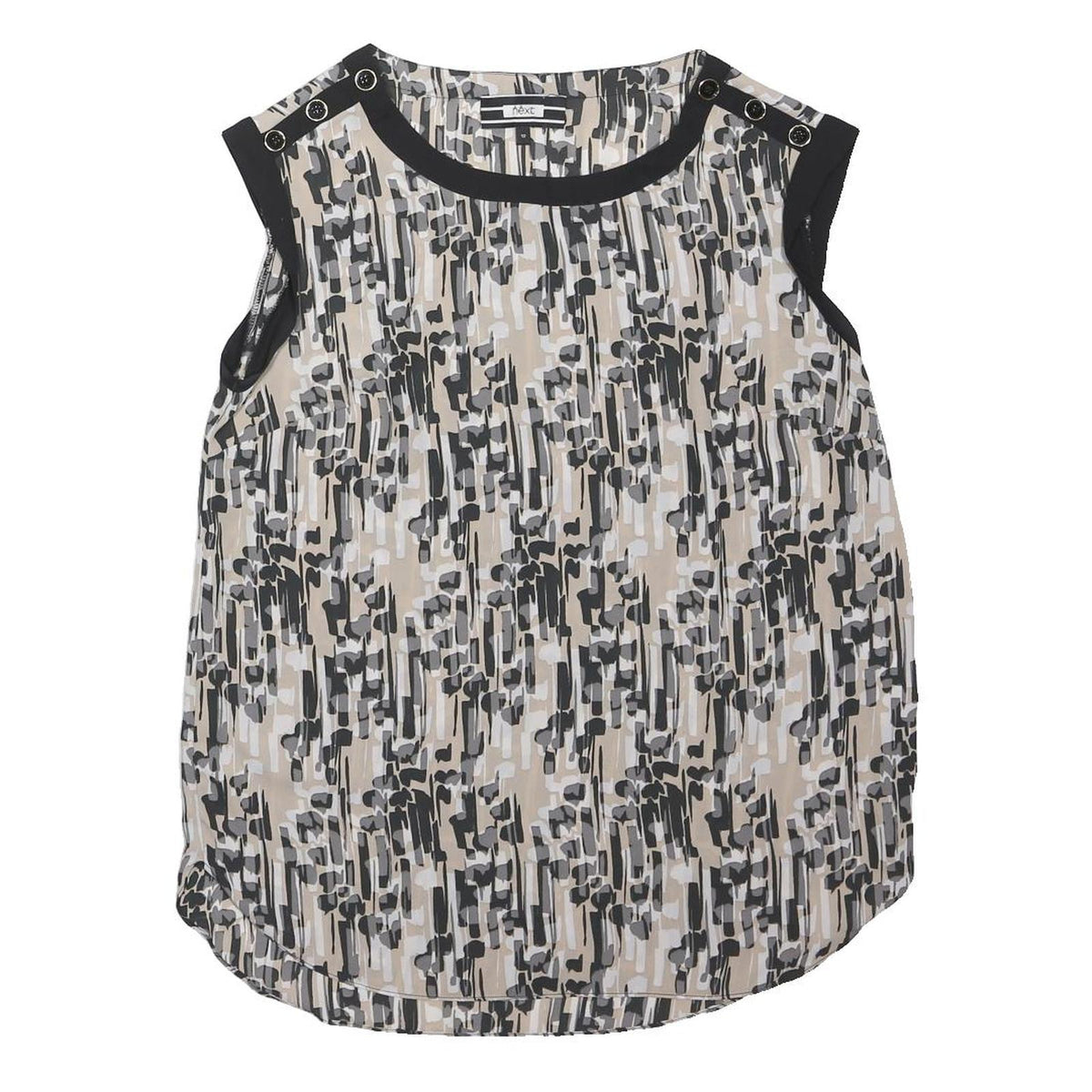 NEXT Womens Beige & Black Printed Sleeveless Round Neck Top UK 12 Cotton Blend