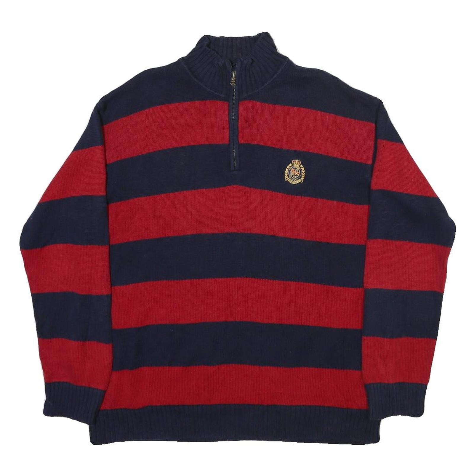 LAUREN RALPH LAUREN Womens Navy & Red Striped Pattern Jumper Quarter Zip Crew