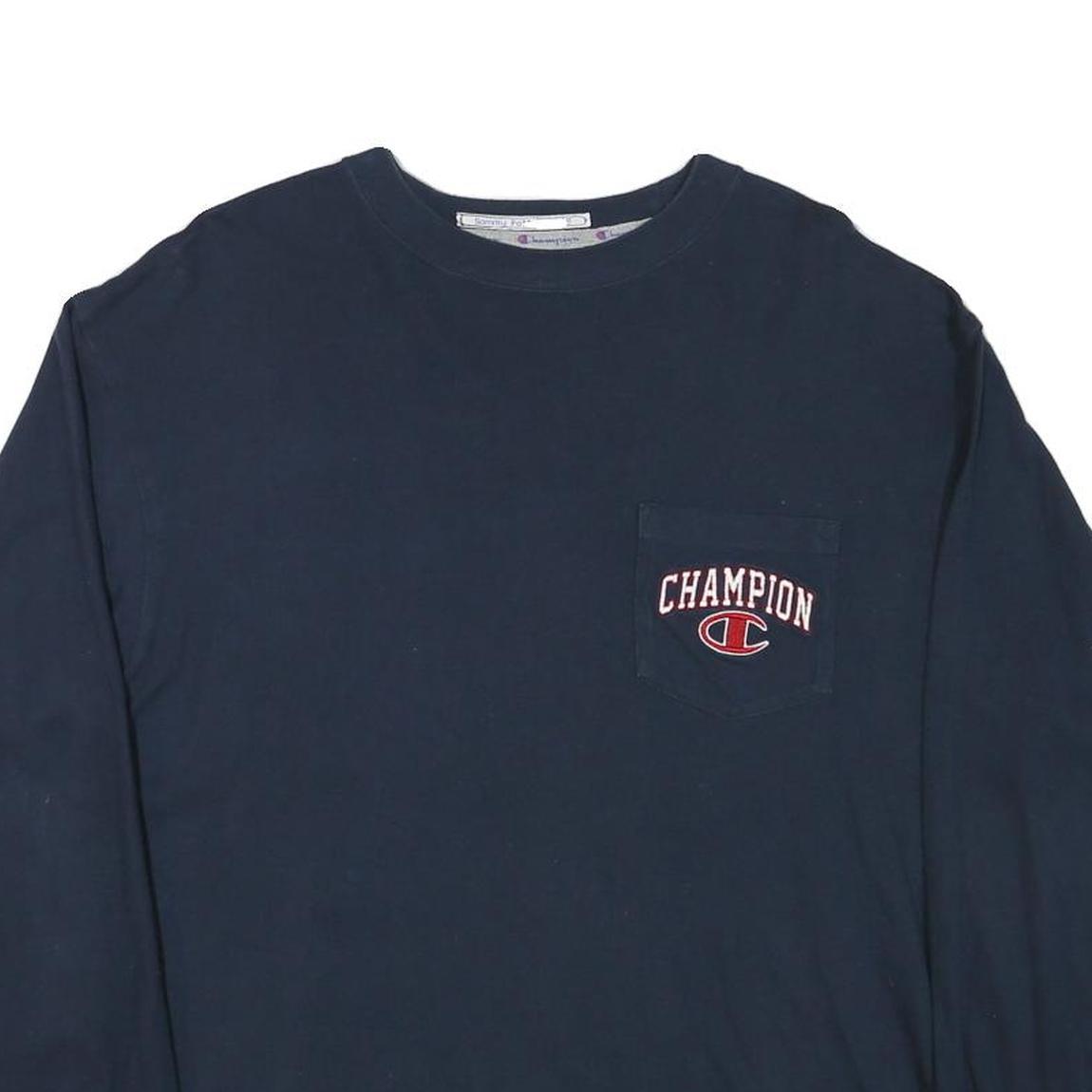 CHAMPION Mens Navy Blue Graphic T-Shirt M Long Sleeve Crew Neck Casual Sport