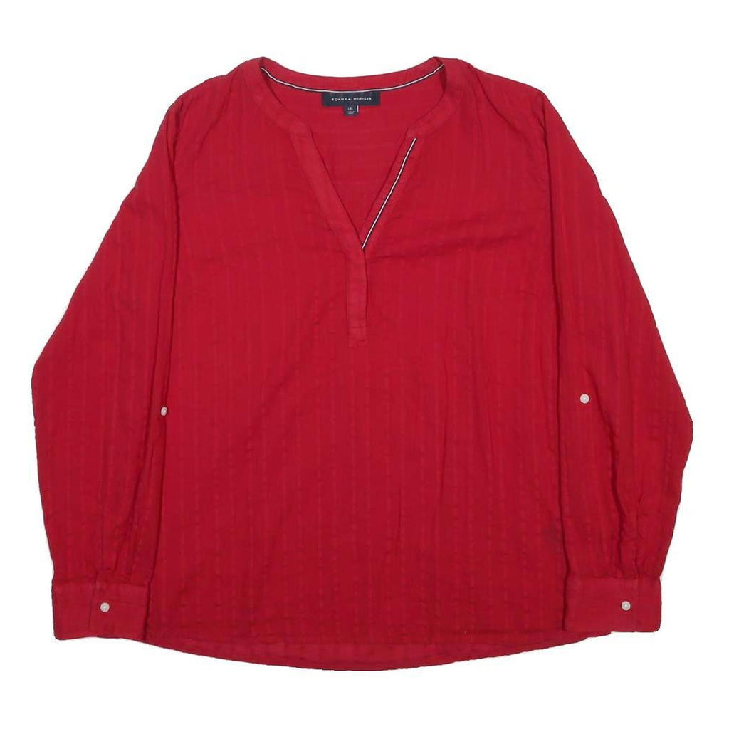 TOMMY HILFIGER Womens Red Cotton Blend Shirt Long Sleeve V-Neck L Stylish Casual