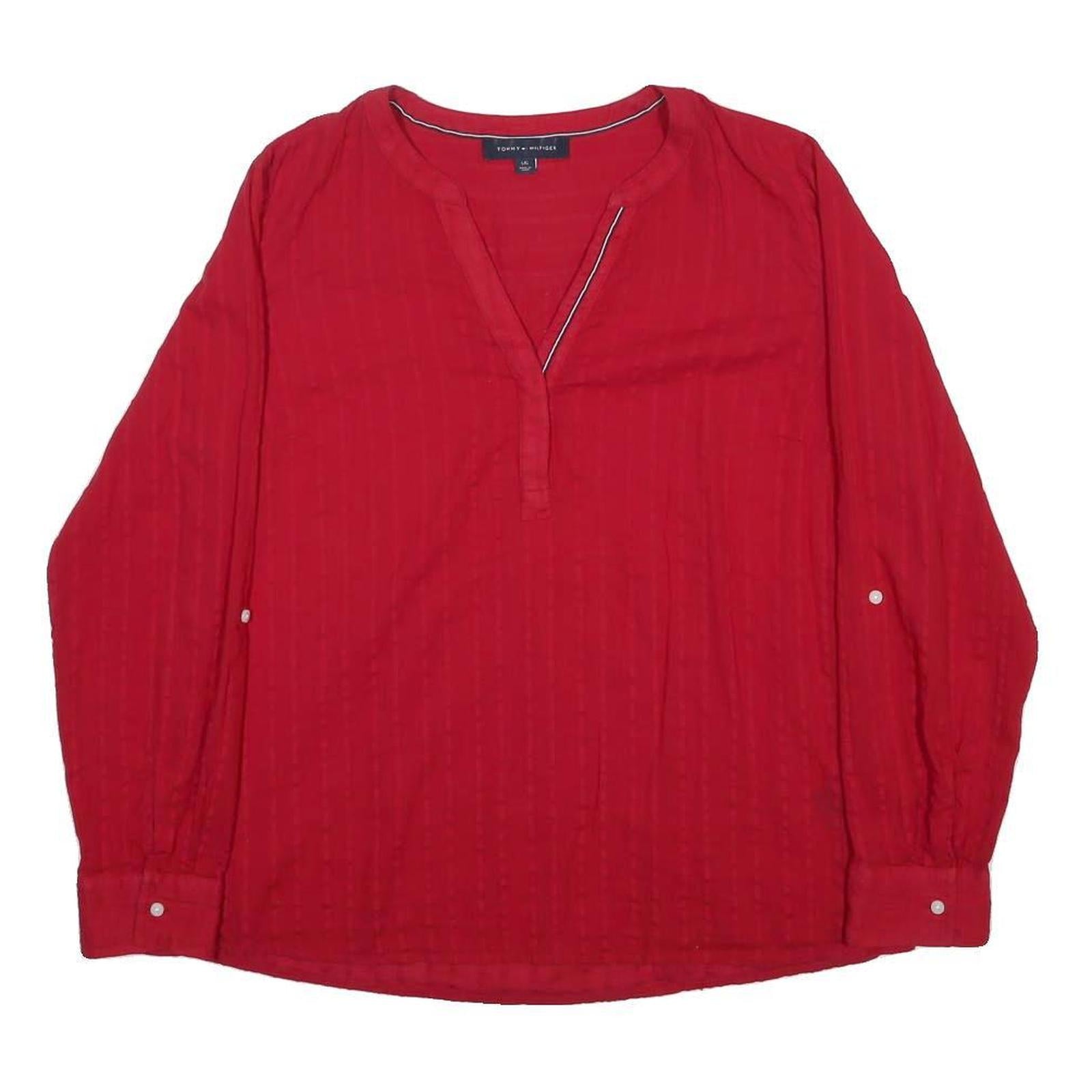 TOMMY HILFIGER Womens Red Cotton Blend Shirt Long Sleeve V-Neck L Stylish Casual