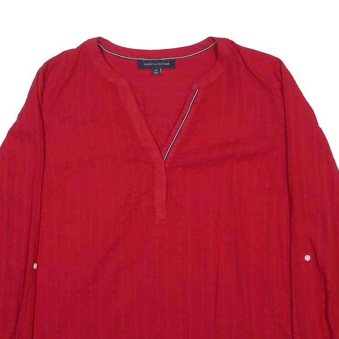 TOMMY HILFIGER Womens Red Cotton Blend Shirt Long Sleeve V-Neck L Stylish Casual