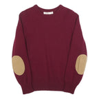 DR MARTENS Boys Maroon Plain Wool Jumper Crew Neck Basic Knit L Elbow Patch