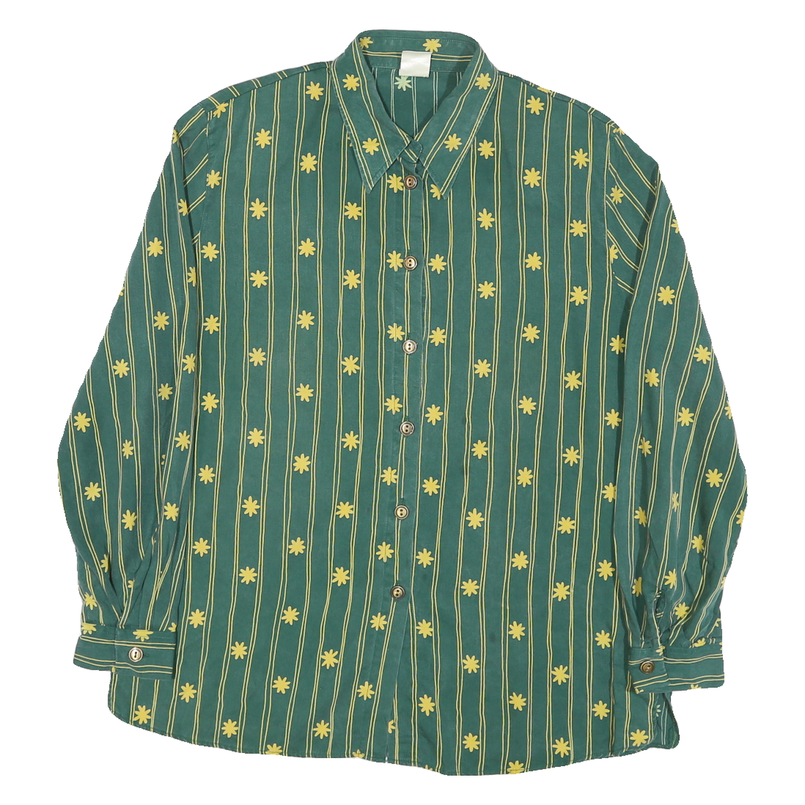 QIVINA Mens Green Yellow Striped Floral Shirt Long Sleeve Collared Cotton Blend
