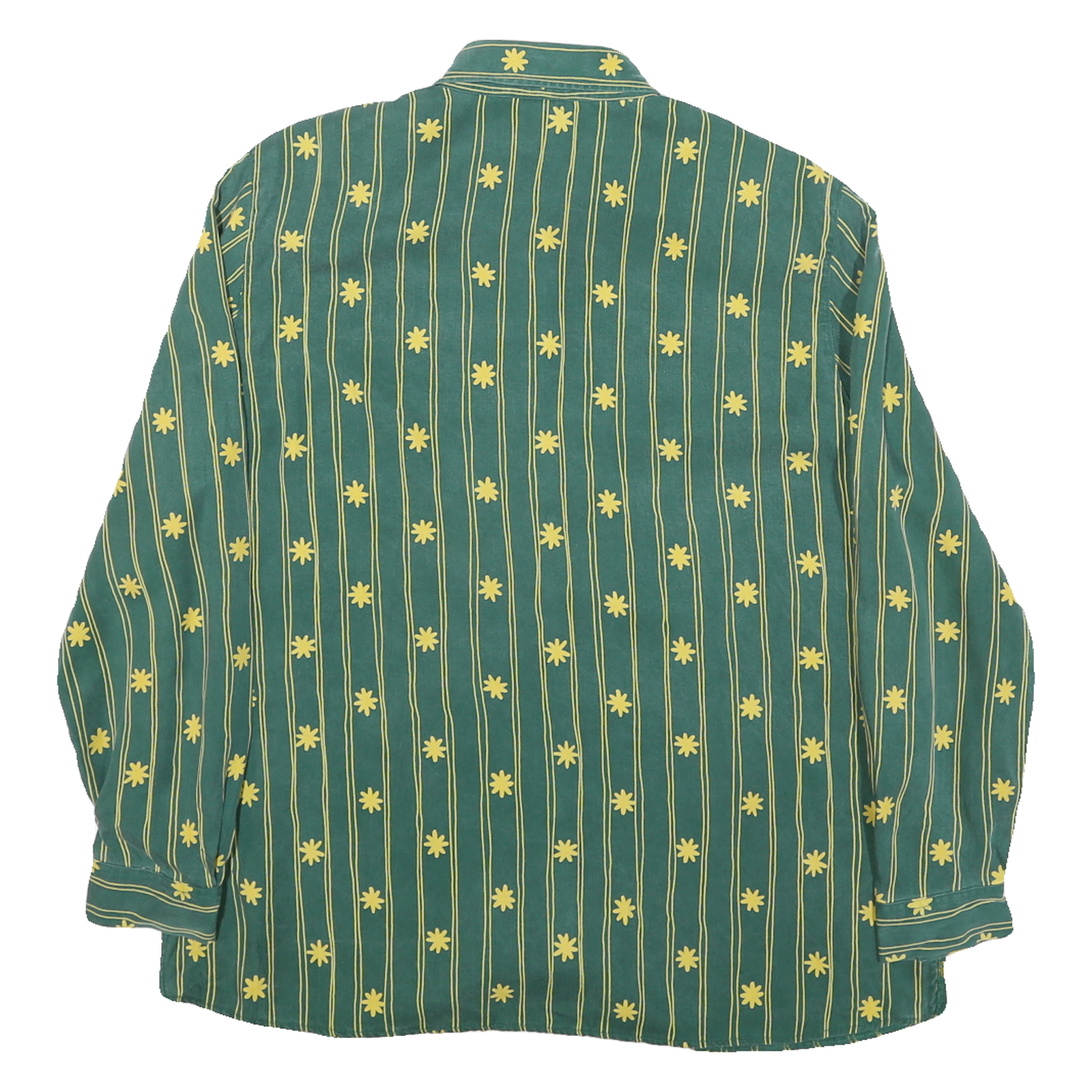 QIVINA Mens Green Yellow Striped Floral Shirt Long Sleeve Collared Cotton Blend