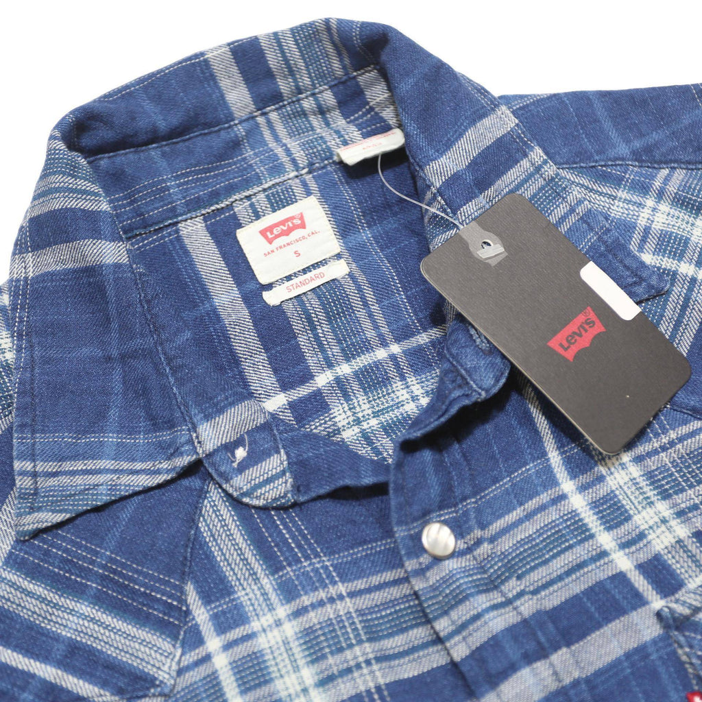 LEVI'S Mens Blue & White Plaid Western Shirt S Cotton Long Sleeve Casual