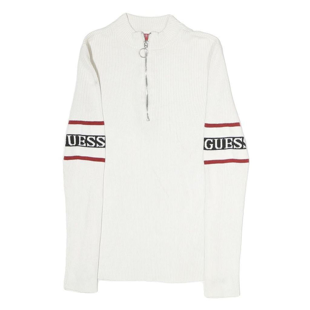 GUESS Womens White & Red Logo Patterned Pullover Jumper Crew Neck Rib Knit XS