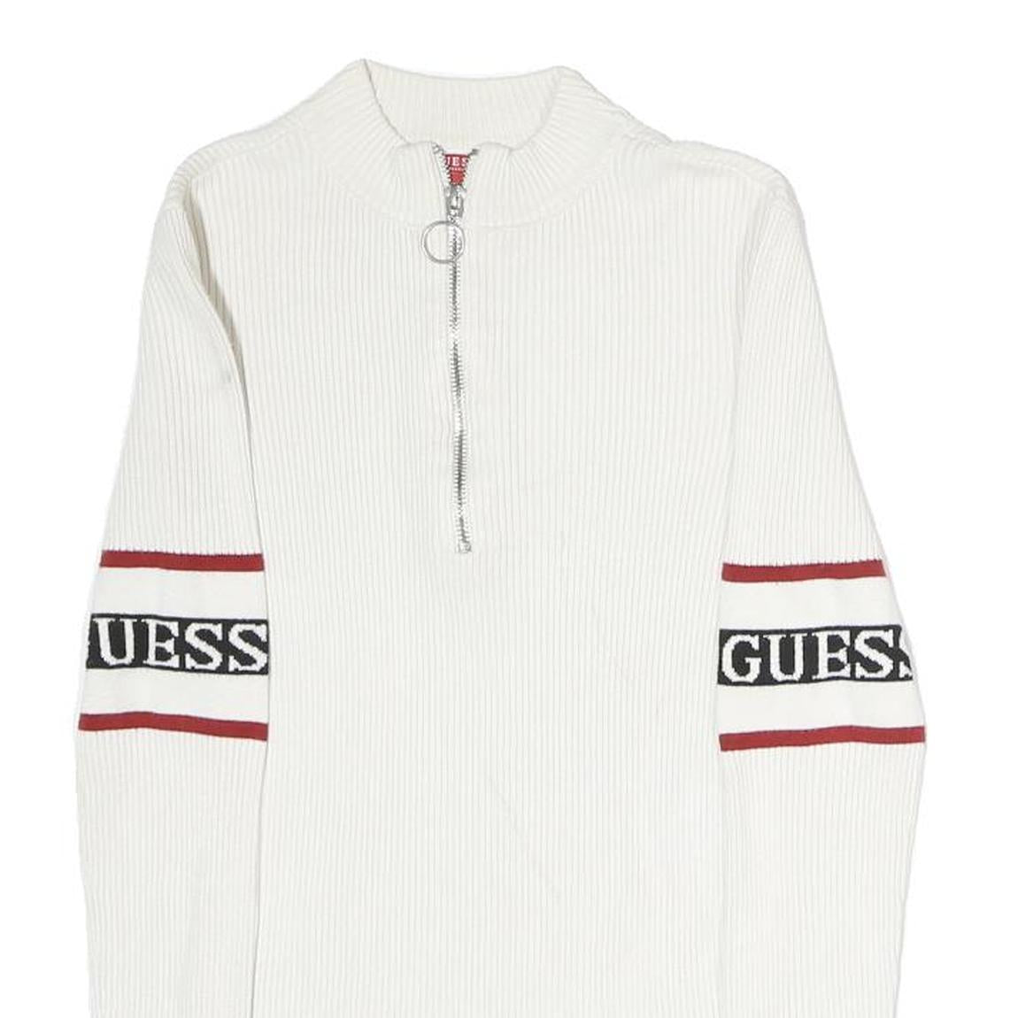 GUESS Womens White & Red Logo Patterned Pullover Jumper Crew Neck Rib Knit XS