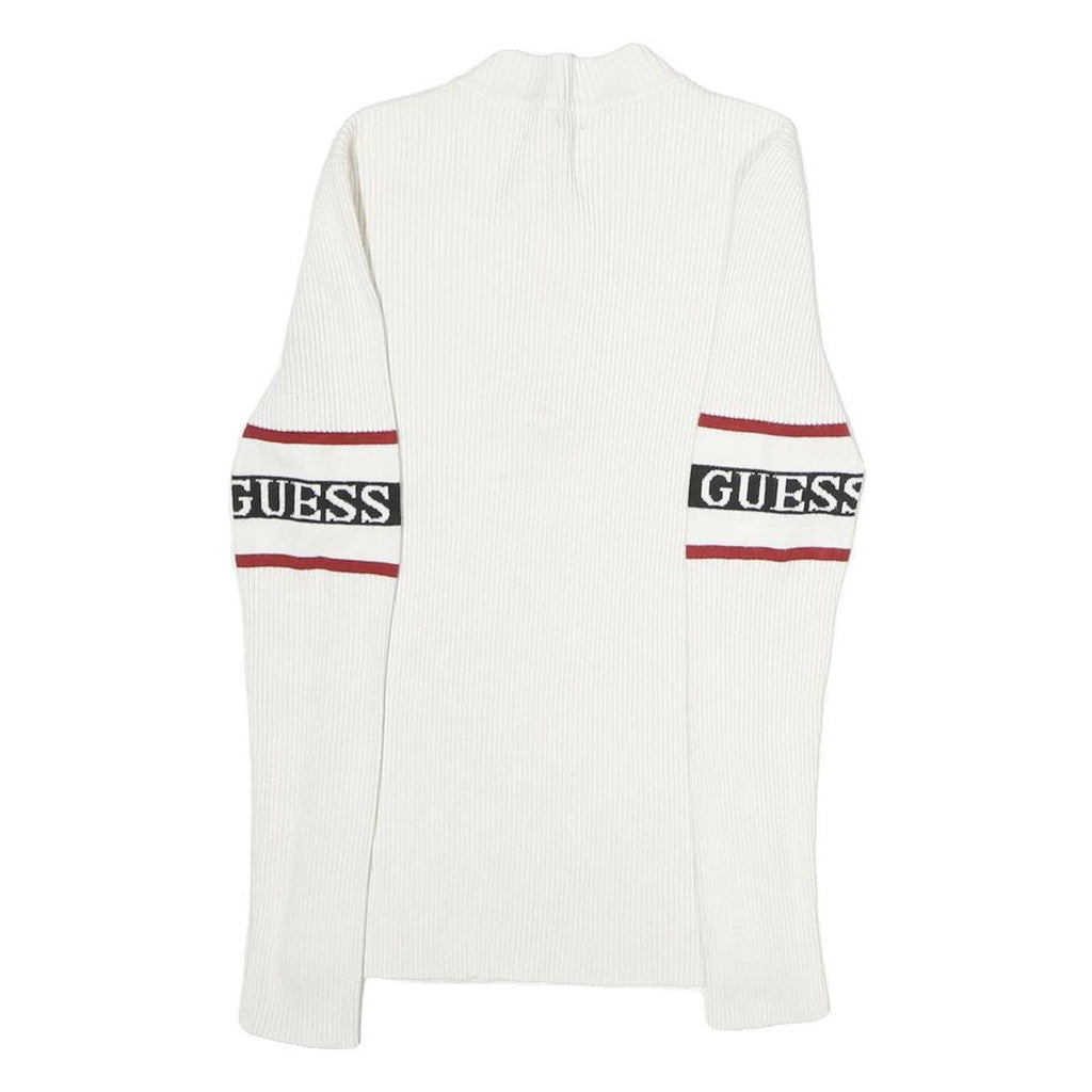 GUESS Womens White & Red Logo Patterned Pullover Jumper Crew Neck Rib Knit XS