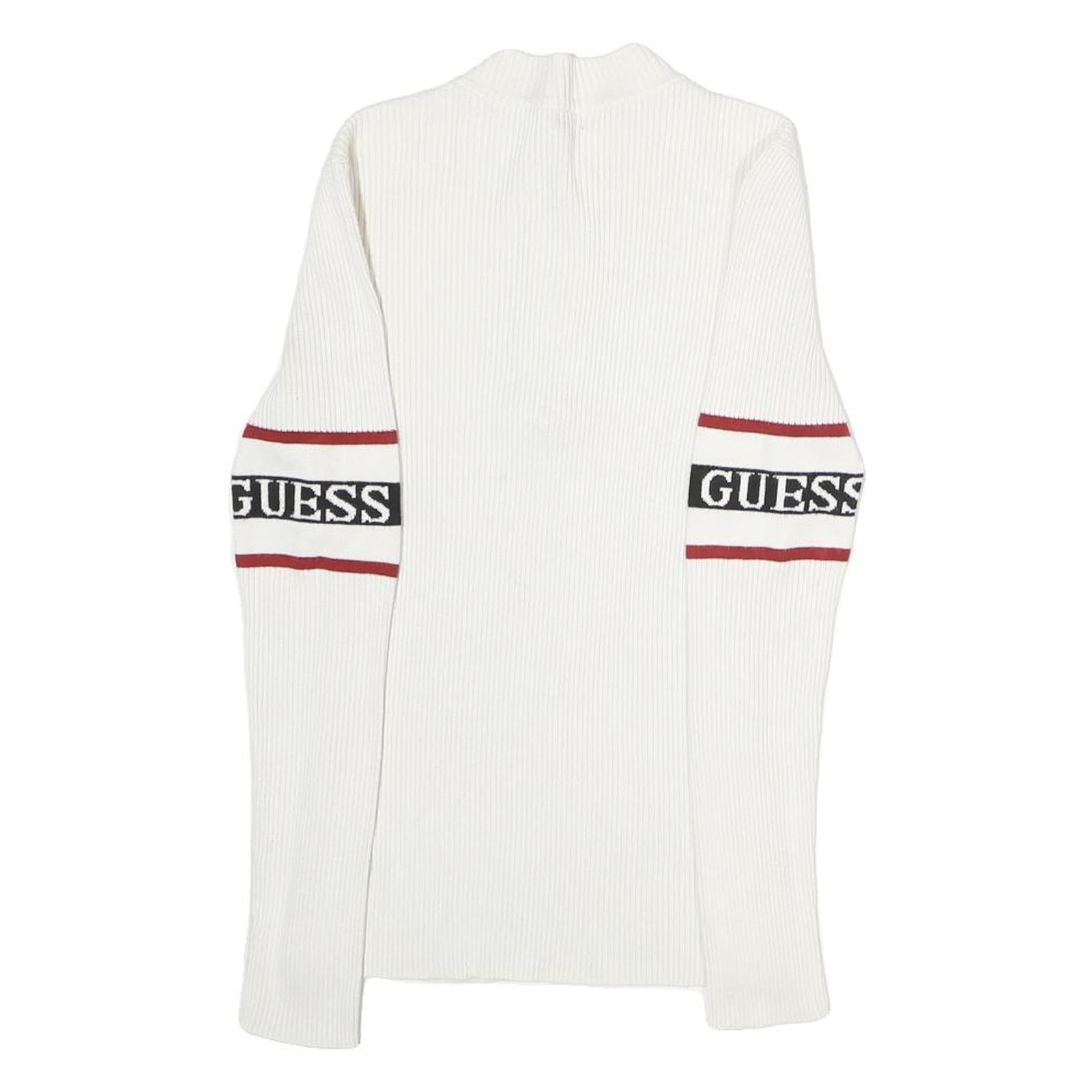 GUESS Womens White & Red Logo Patterned Pullover Jumper Crew Neck Rib Knit XS