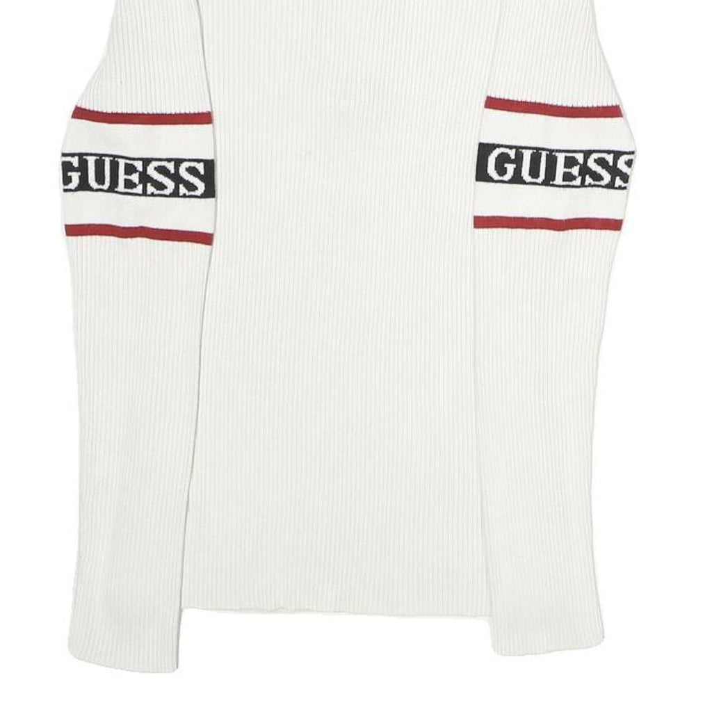 GUESS Womens White & Red Logo Patterned Pullover Jumper Crew Neck Rib Knit XS