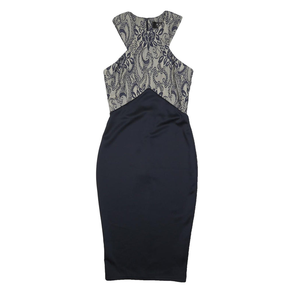 AX Womens Navy & Cream Bodycon Woven Floral Midi Dress UK 10 Elegant Evening