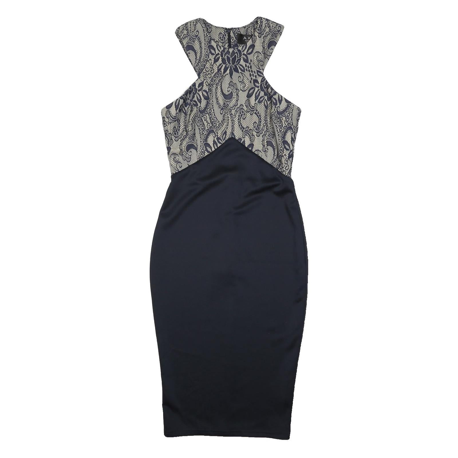 AX Womens Navy & Cream Bodycon Woven Floral Midi Dress UK 10 Elegant Evening