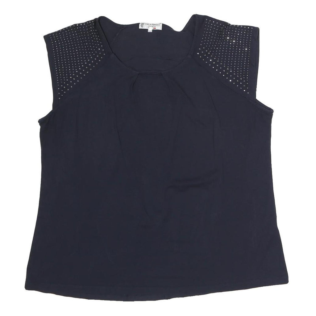 CARLA FERONI Womens Black Studded Cap Sleeve Round Neck Top M Stylish Cotton