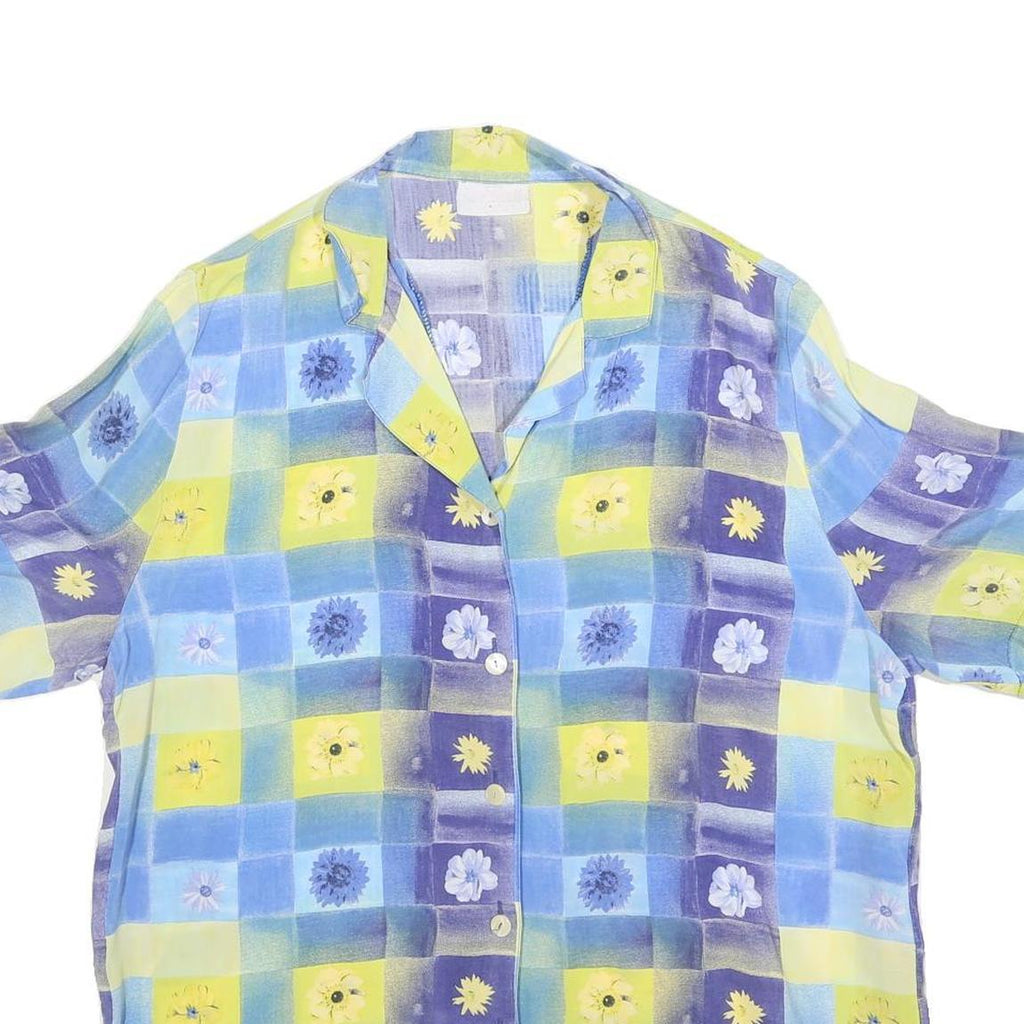 Womens Blue & Yellow Floral Check Shirt L Summer Casual Relaxed Fit Short Sleeve