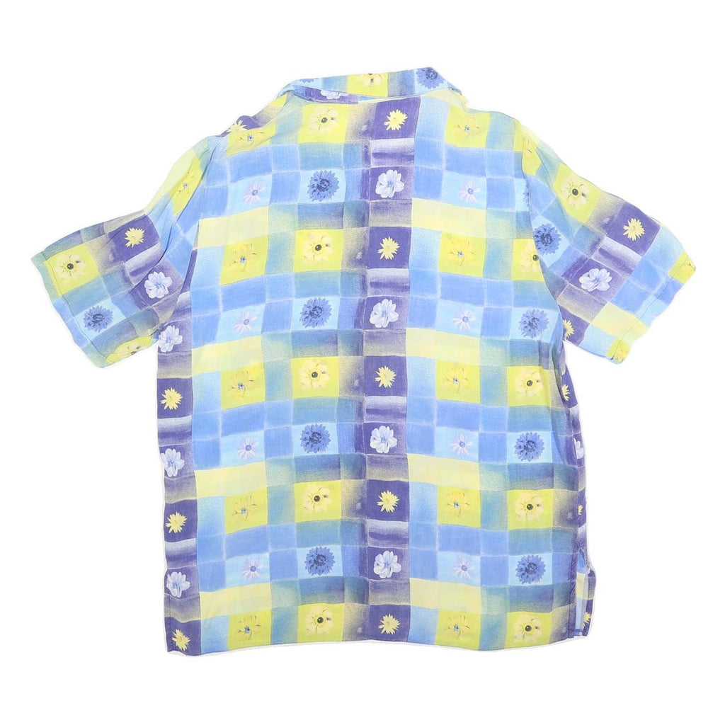 Womens Blue & Yellow Floral Check Shirt L Summer Casual Relaxed Fit Short Sleeve