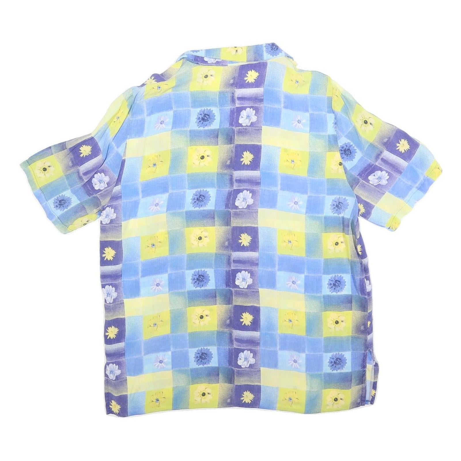 Womens Blue & Yellow Floral Check Shirt L Summer Casual Relaxed Fit Short Sleeve