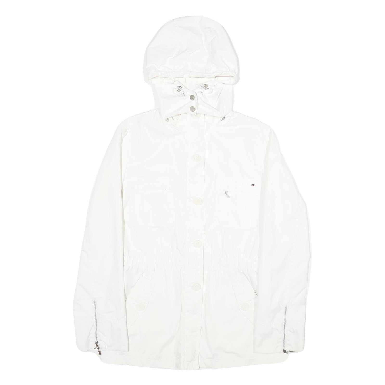 TOMMY HILFIGER Womens White Nylon Outdoor Jacket M Zip Hooded Plain