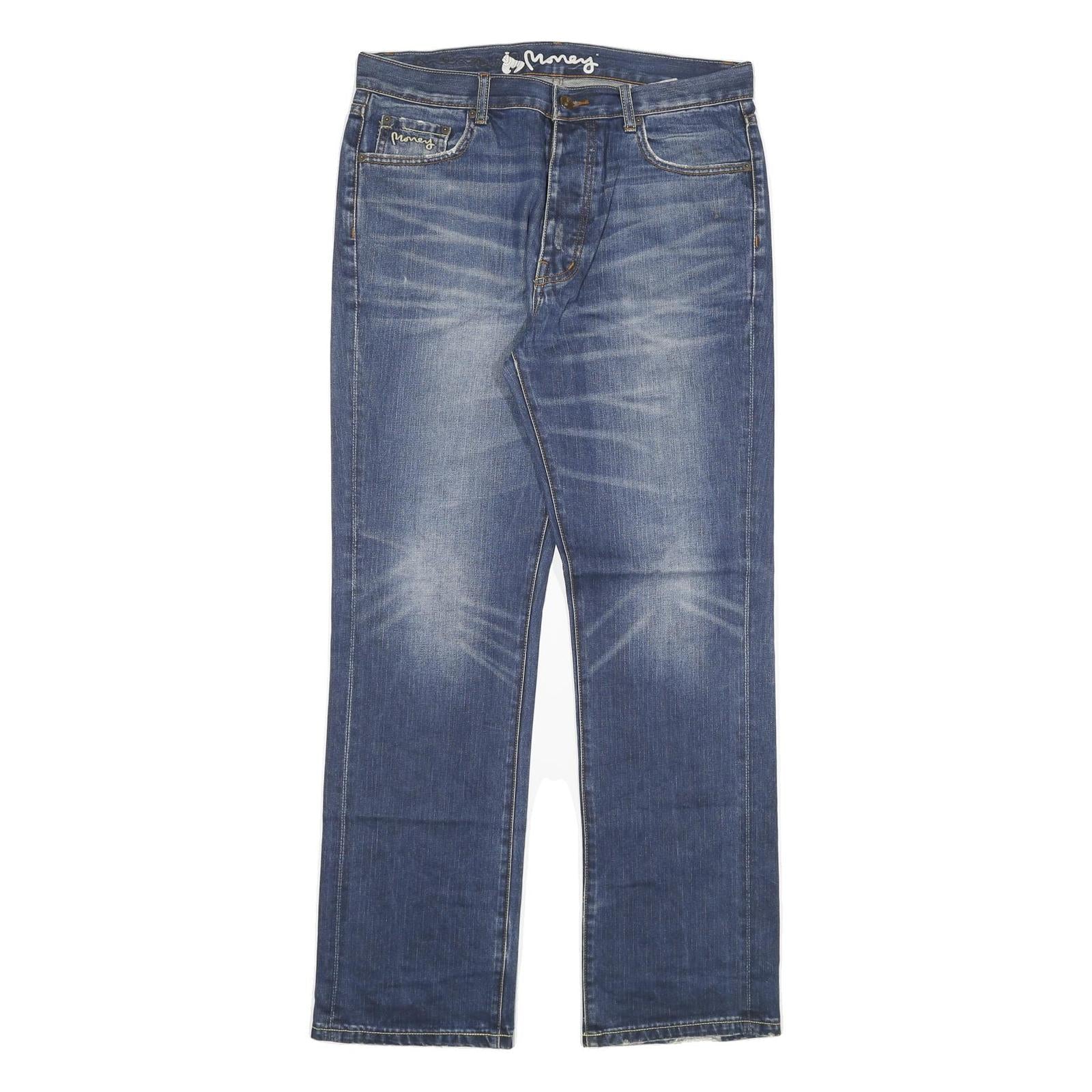 MONEY Mens Jeans Blue Regular Straight Denim Medium Wash W34 L32 Faded