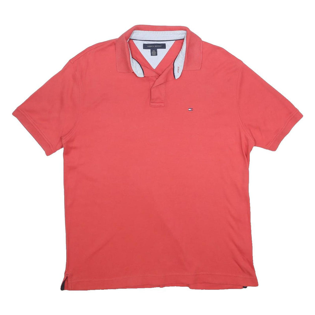 TOMMY HILFIGER Mens Red Short Sleeve Plain Polo Shirt L Cotton Casual