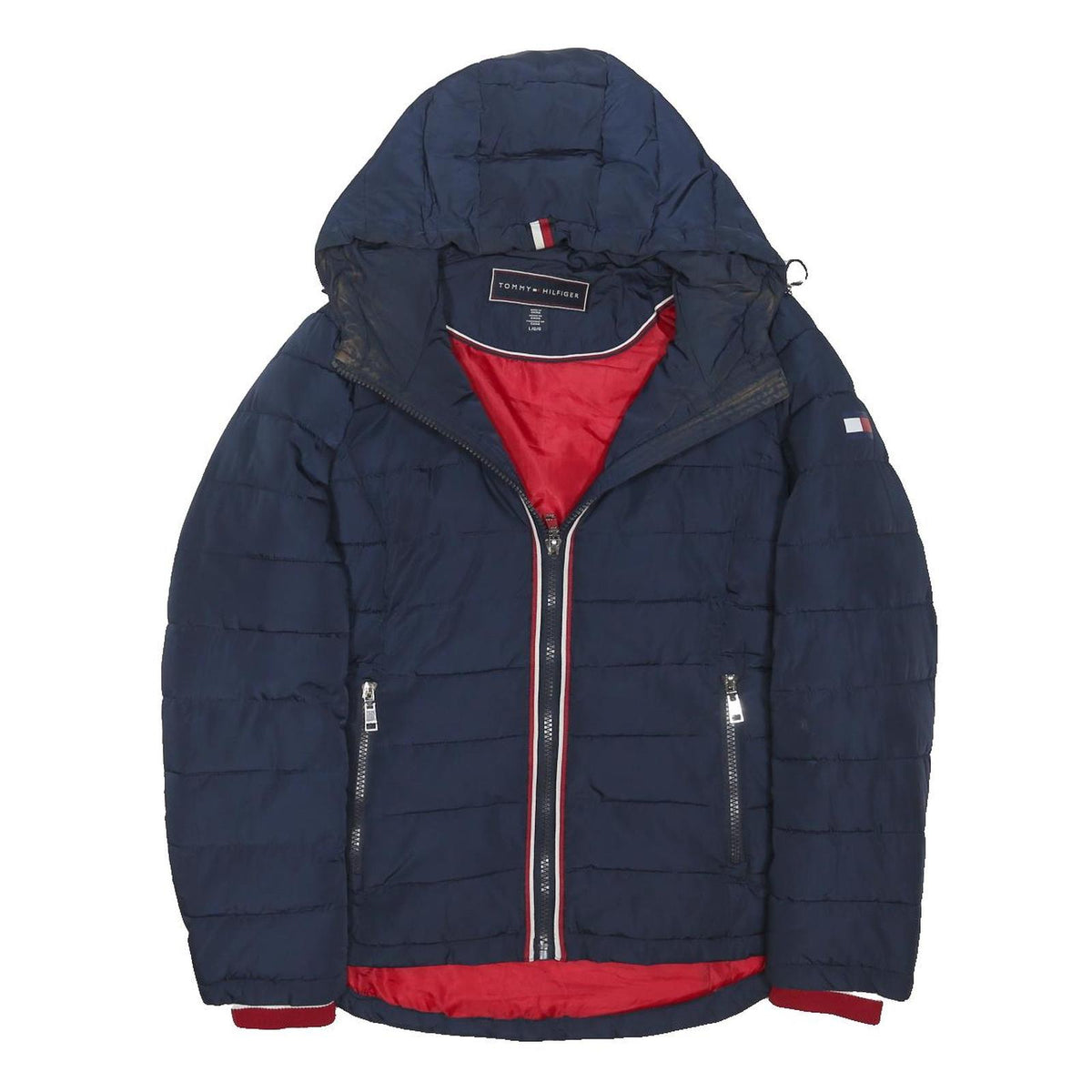 TOMMY HILFIGER Womens Navy Blue Red Zip Jacket L Polyester Blend Quilted Hooded