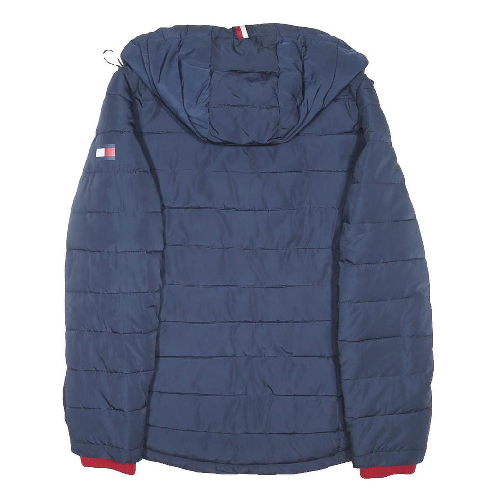 TOMMY HILFIGER Womens Navy Blue Red Zip Jacket L Polyester Blend Quilted Hooded