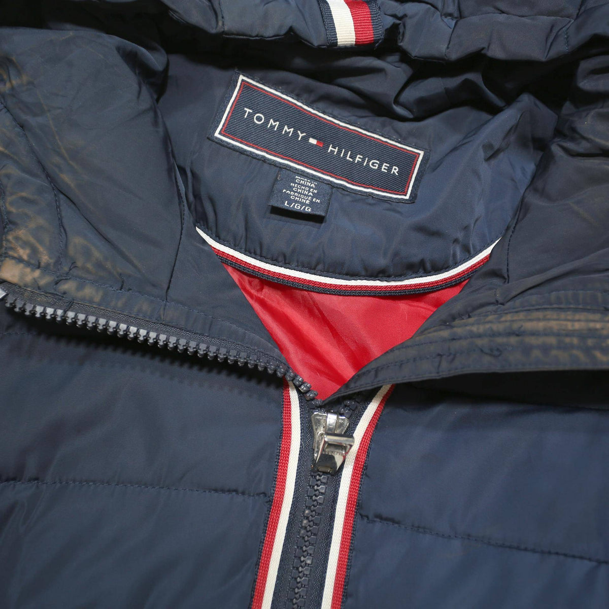 TOMMY HILFIGER Womens Navy Blue Red Zip Jacket L Polyester Blend Quilted Hooded