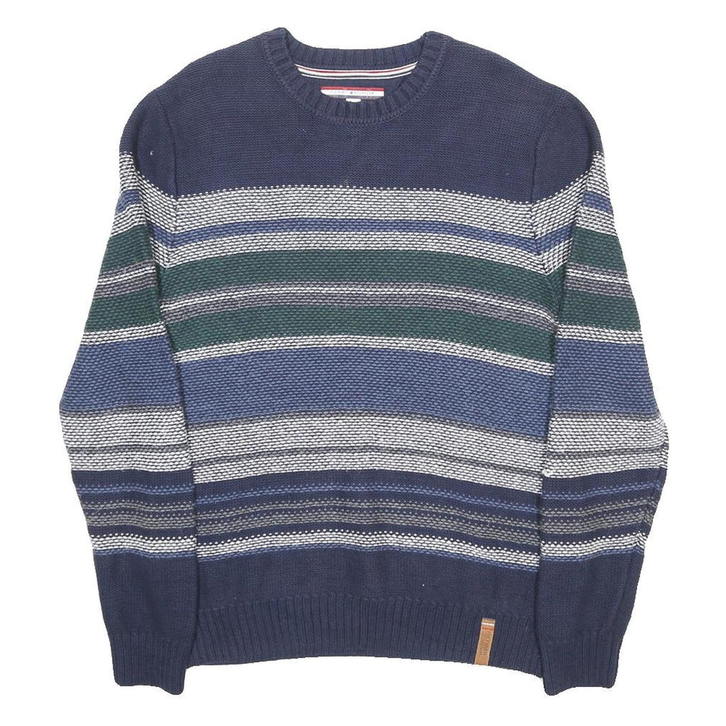 TOMMY HILFIGER Mens Navy Blue & Green Patterned Cotton Blend Jumper Crew Neck