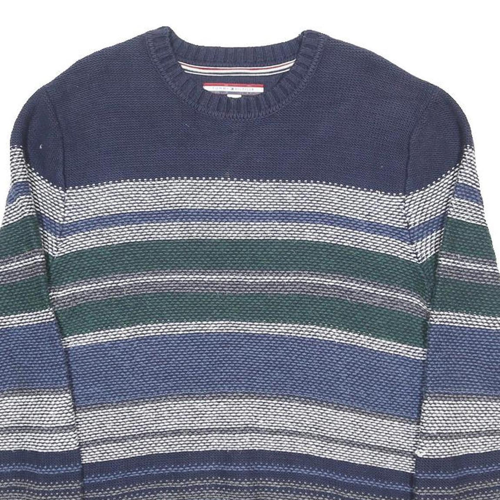 TOMMY HILFIGER Mens Navy Blue & Green Patterned Cotton Blend Jumper Crew Neck