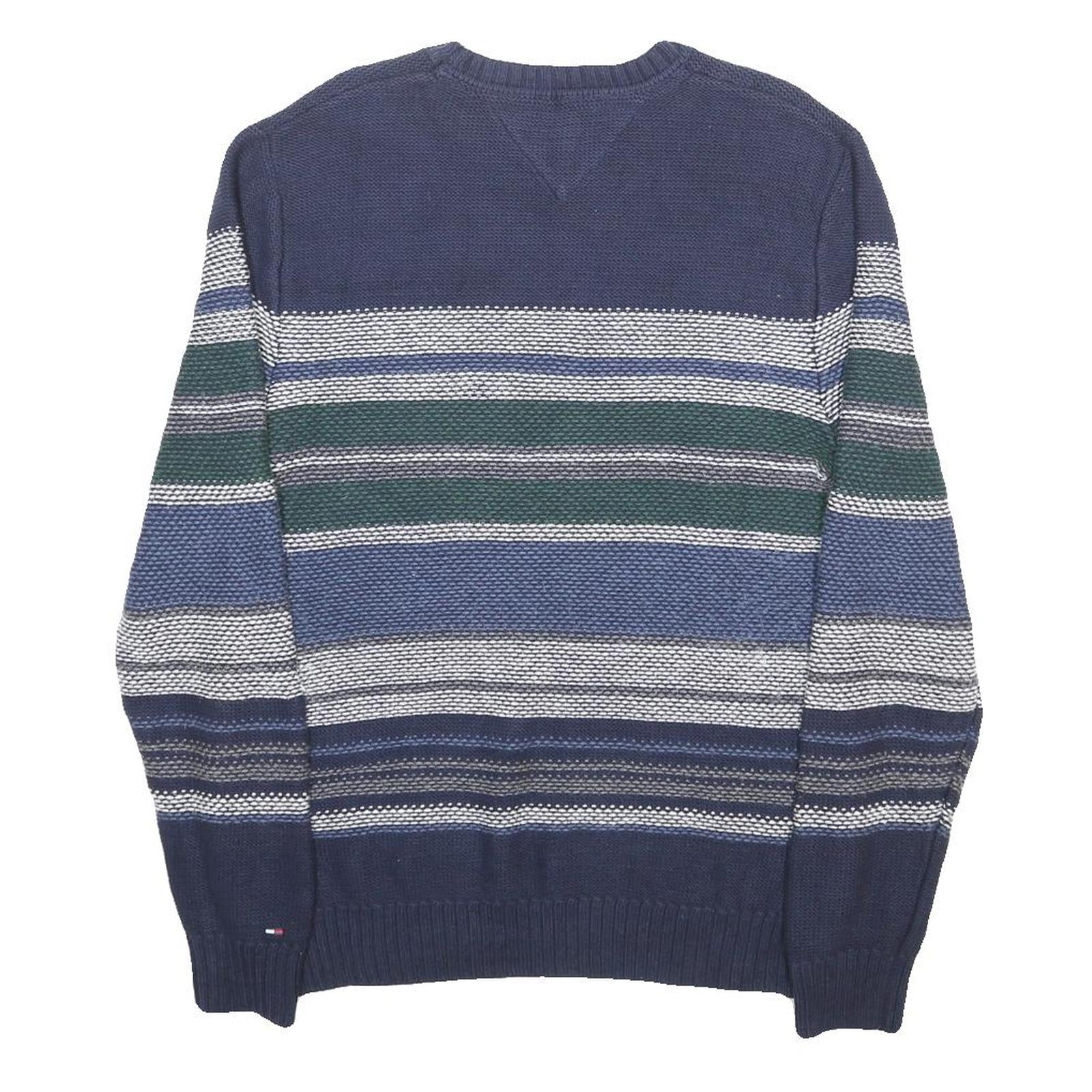 TOMMY HILFIGER Mens Navy Blue & Green Patterned Cotton Blend Jumper Crew Neck
